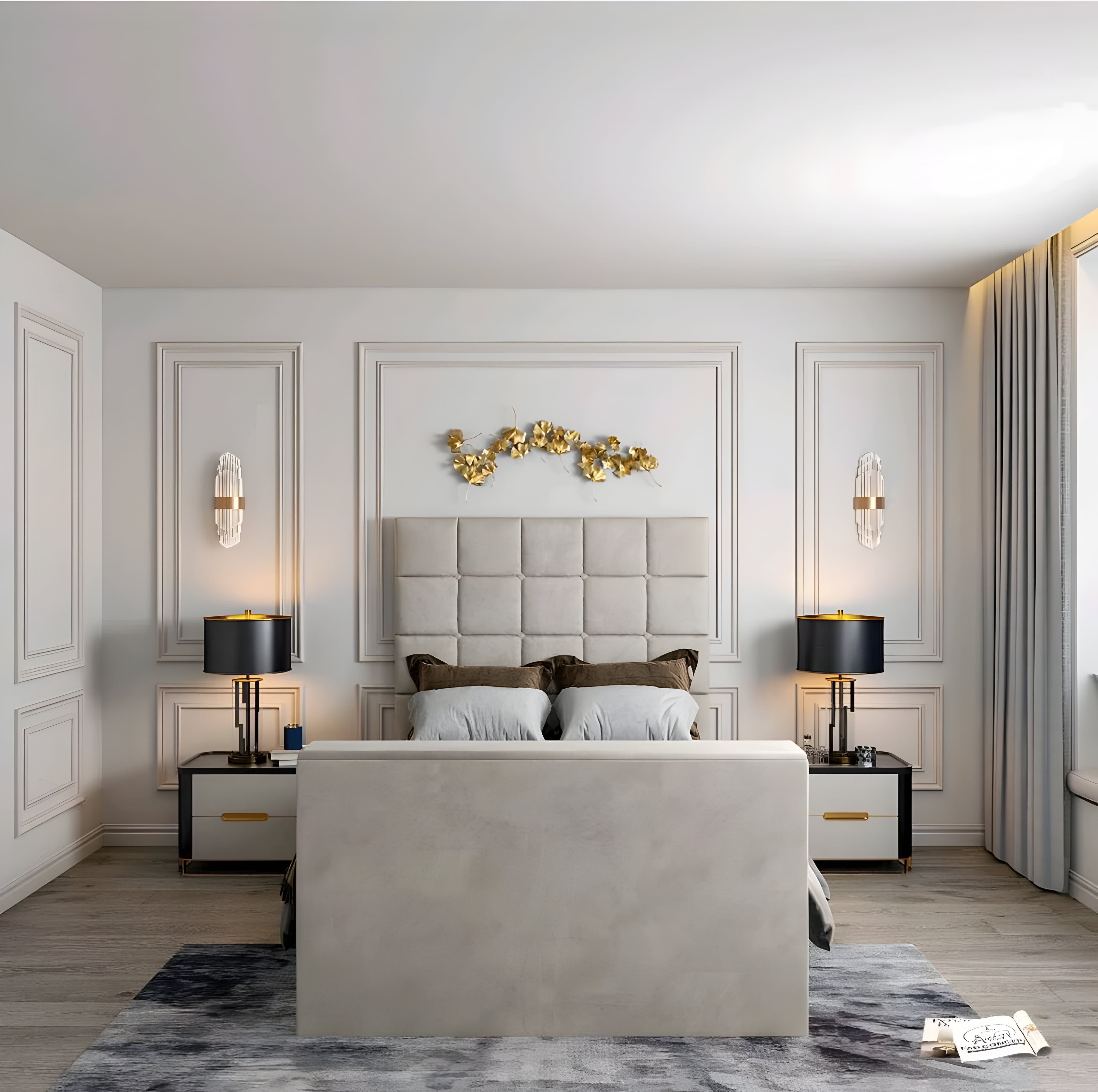 Luxurious bedroom with a beige tufted bed and Cubek TV bed frame.