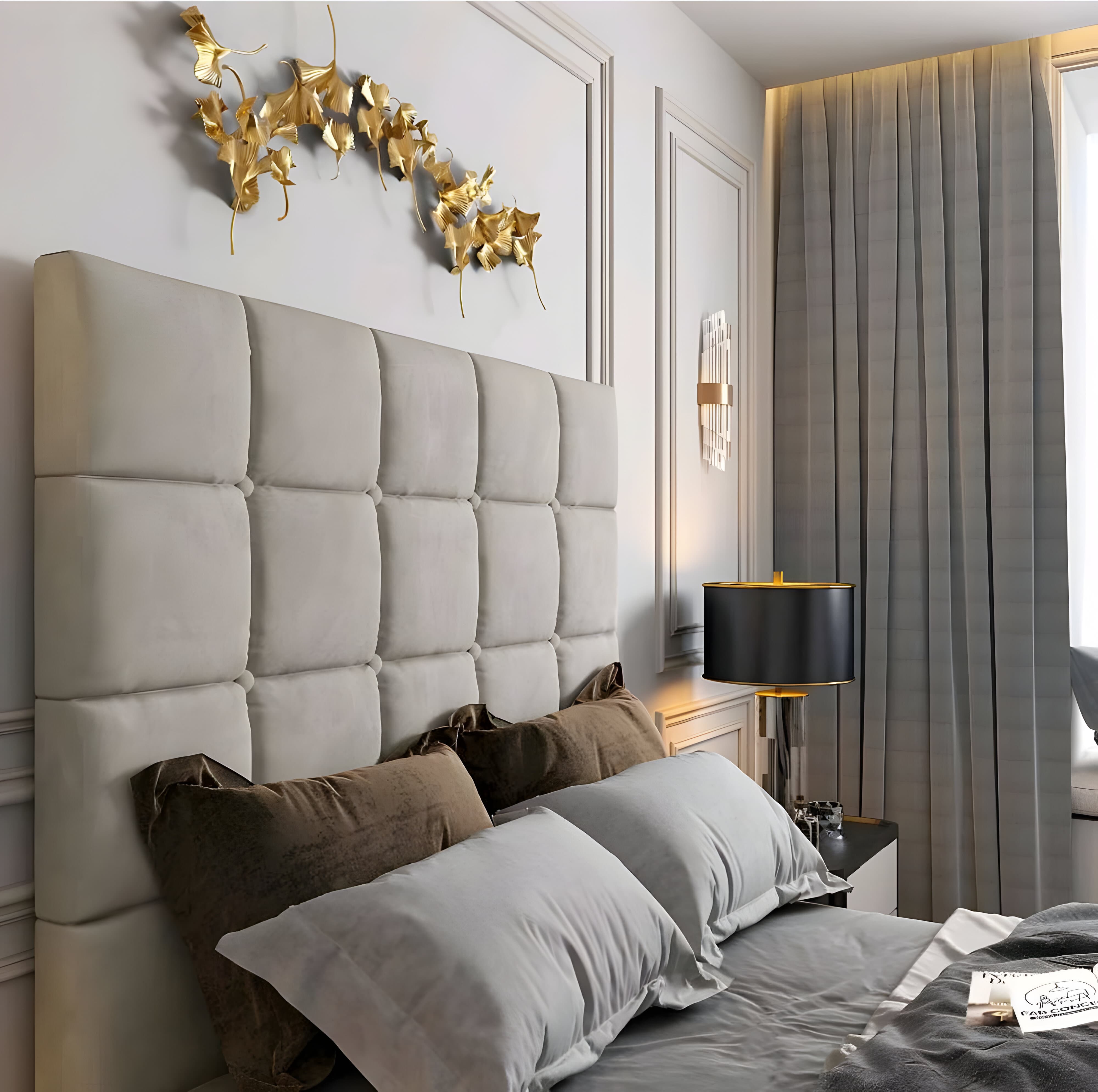 The Cubek TV bed frame has a plush gray headboard, pillows, and elegant wall art in a cozy room.