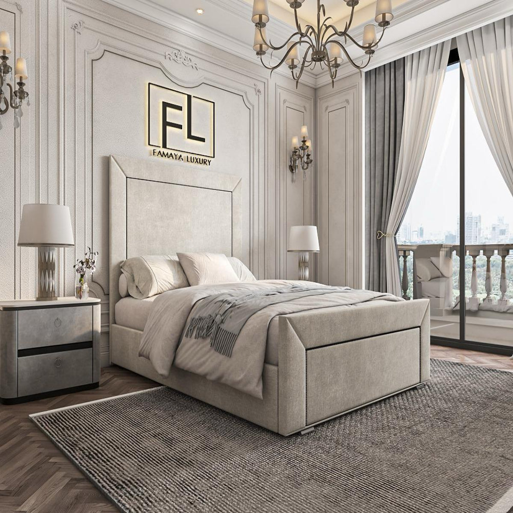 Luxurious bedroom with an opaque bed frame and sophisticated decor.