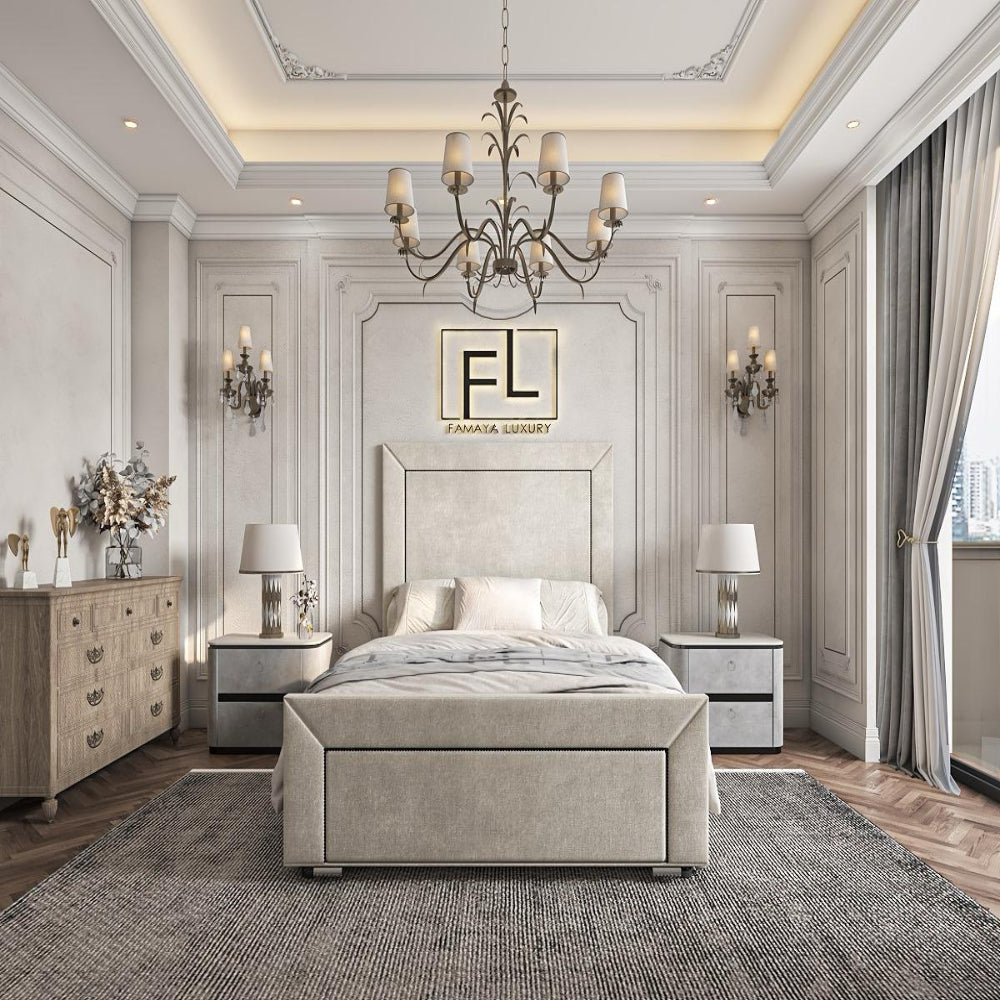 Luxurious bedroom with opaque bed frame and elegant decor.