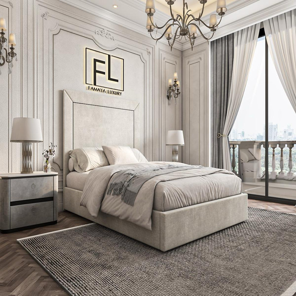 A luxurious bedroom with an opaque bed frame and city view through large windows.