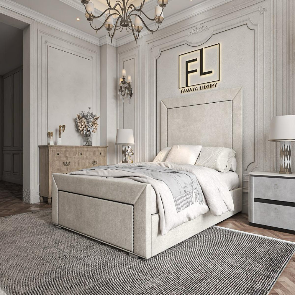 A luxurious bedroom with an opaque bed frame and elegant decor.