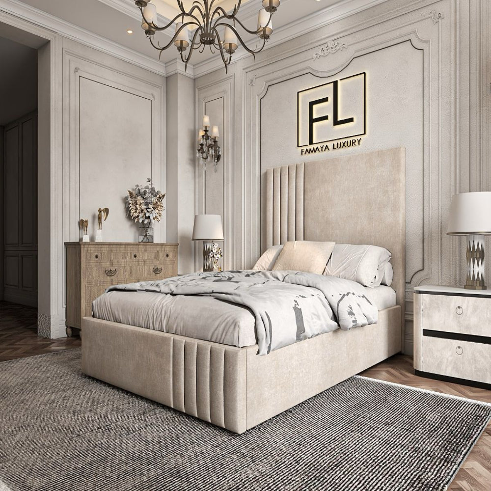 Luxurious bedroom featuring The Pirelli bed with a beige upholstered headboard and modern decor.