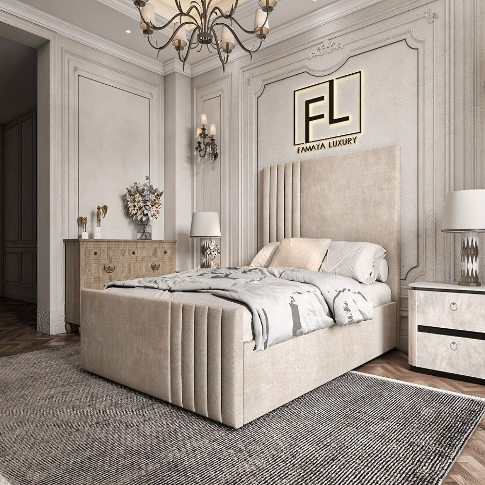 A luxurious bedroom featuring The Pirelli bed with beige upholstery, elegant decor.