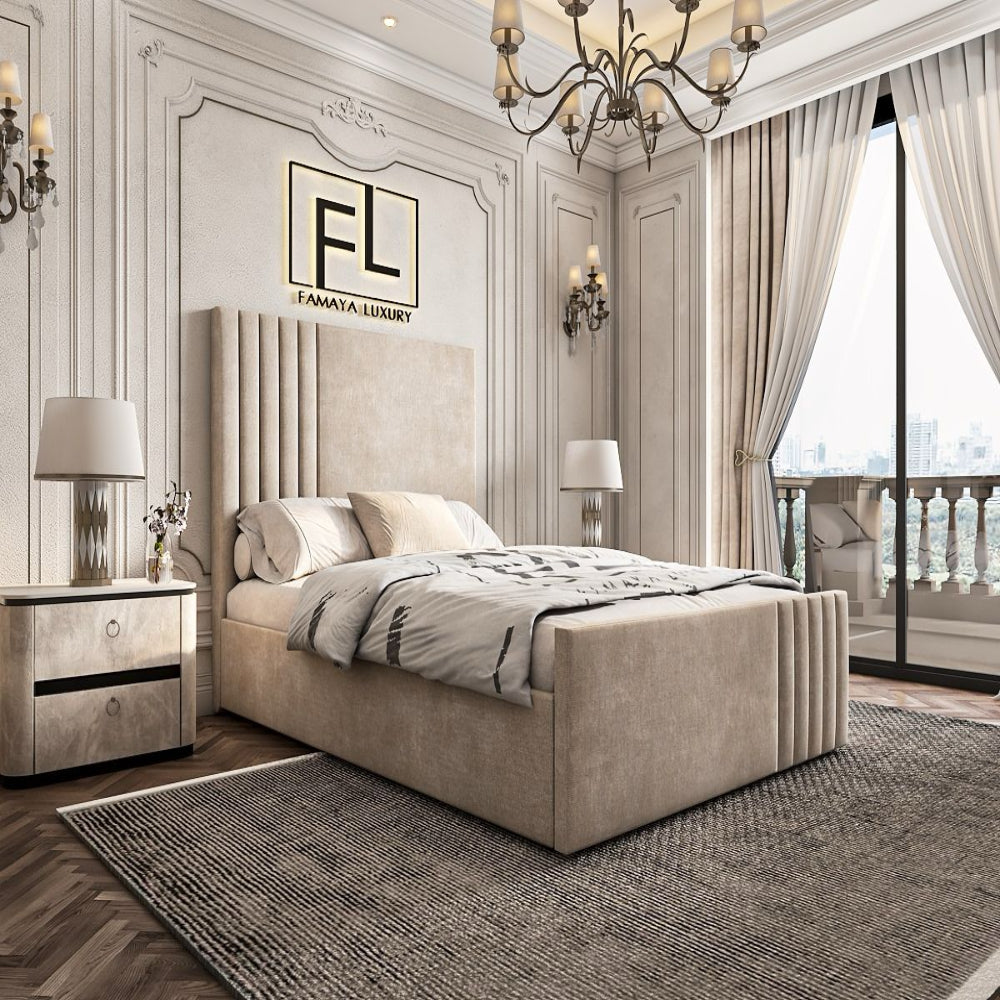 Luxurious bedroom featuring The Pirelli bed with a tall headboard and elegant decor.