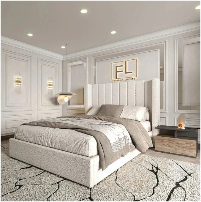 Luxurious bedroom with a bed and mattress set, stylish bedding, set against elegant paneling and featuring the "FL FANATIA LUXURY" logo.