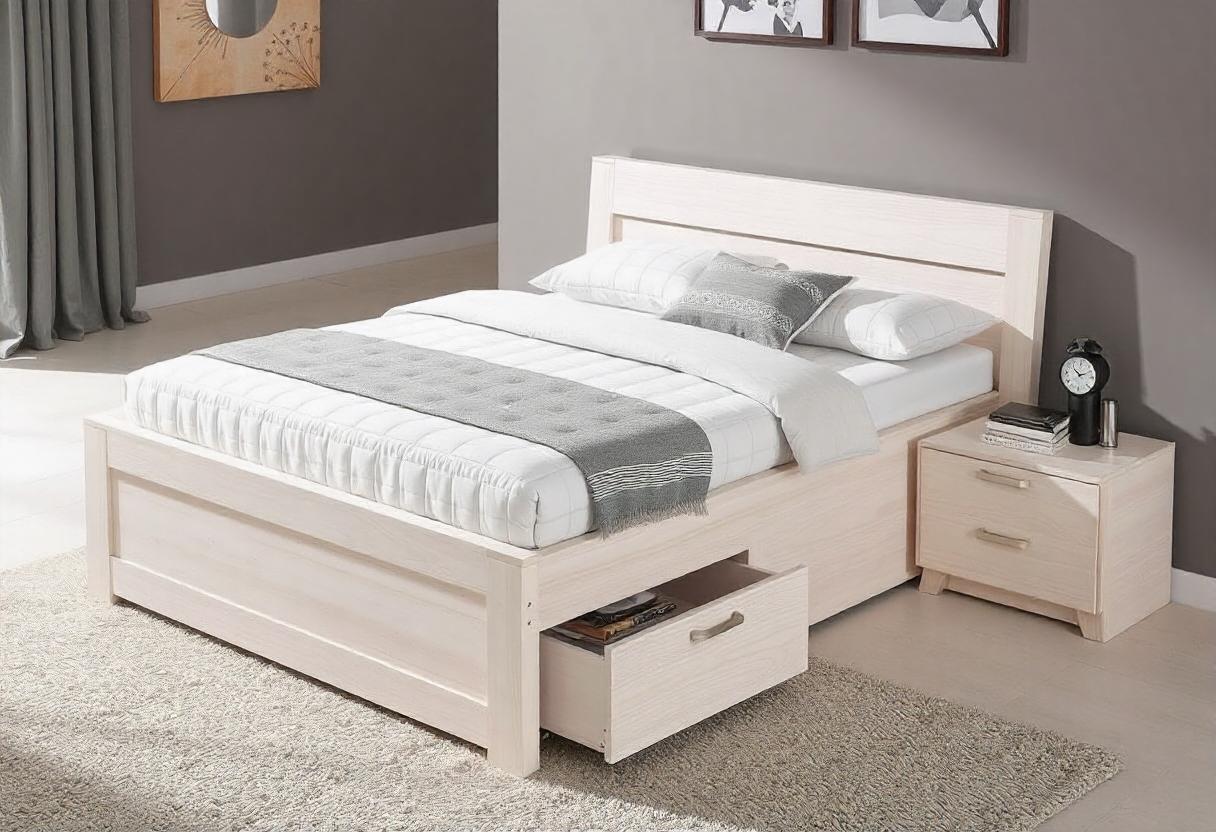 The image is of a bed with storage, with a white bedspread in a bedroom. It features indoor furniture like a nightstand, mattress, and bedding items like pillows and duvet covers. The bed also has storage underneath.