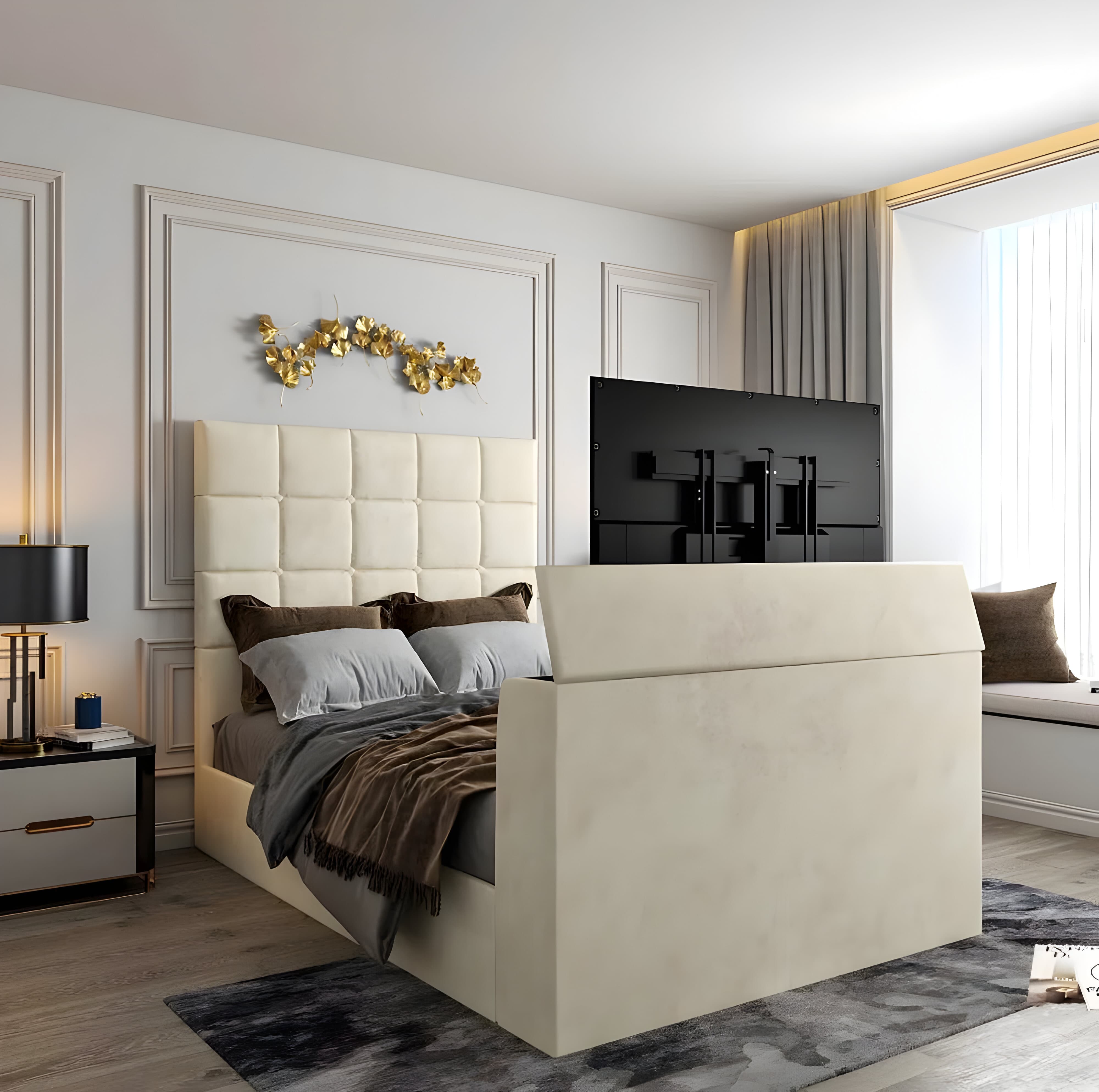 Modern bedroom with a bed featuring a built-in TV at the footboard, beige tufted headboard, and gold leaf wall decoration.