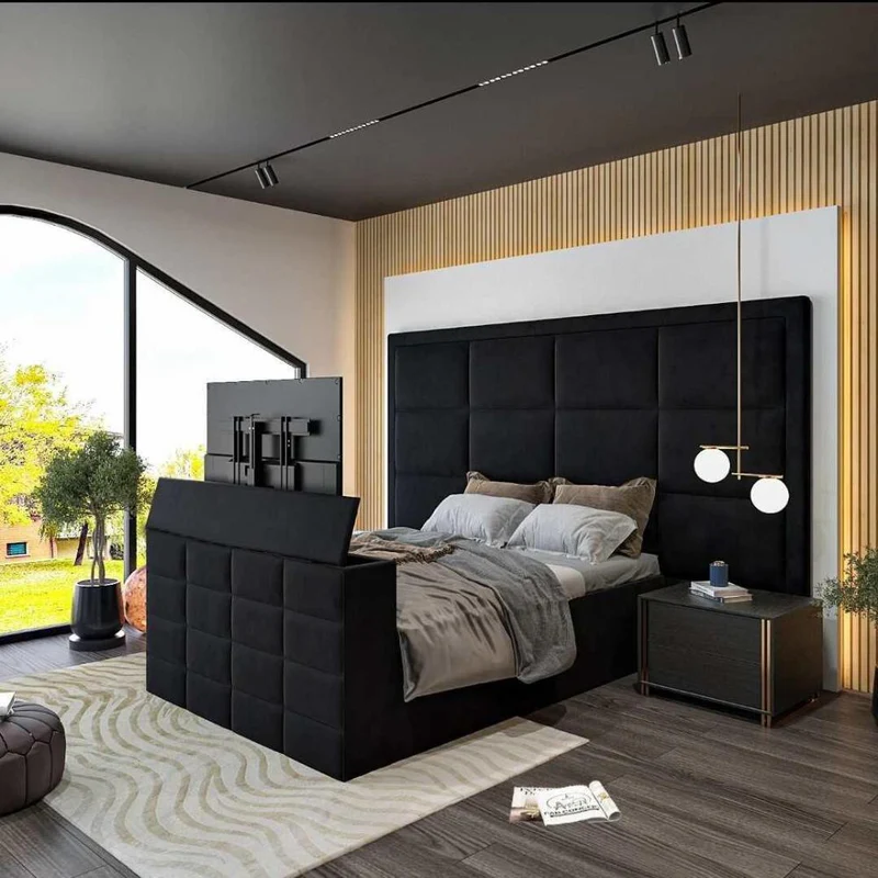 Modern bedroom with a black double bed frame, tufted headboard, and footboard, accompanied by a nightstand and a large window.