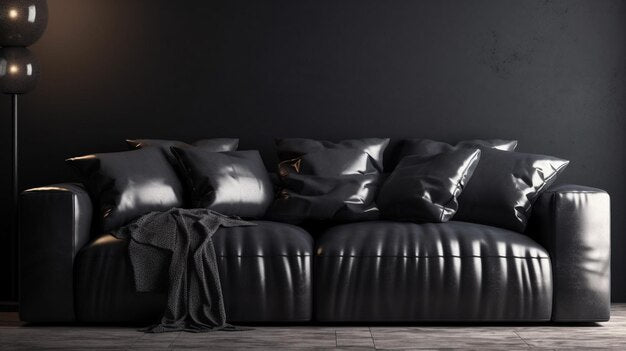 Black sofa bed with cushions and a draped blanket.