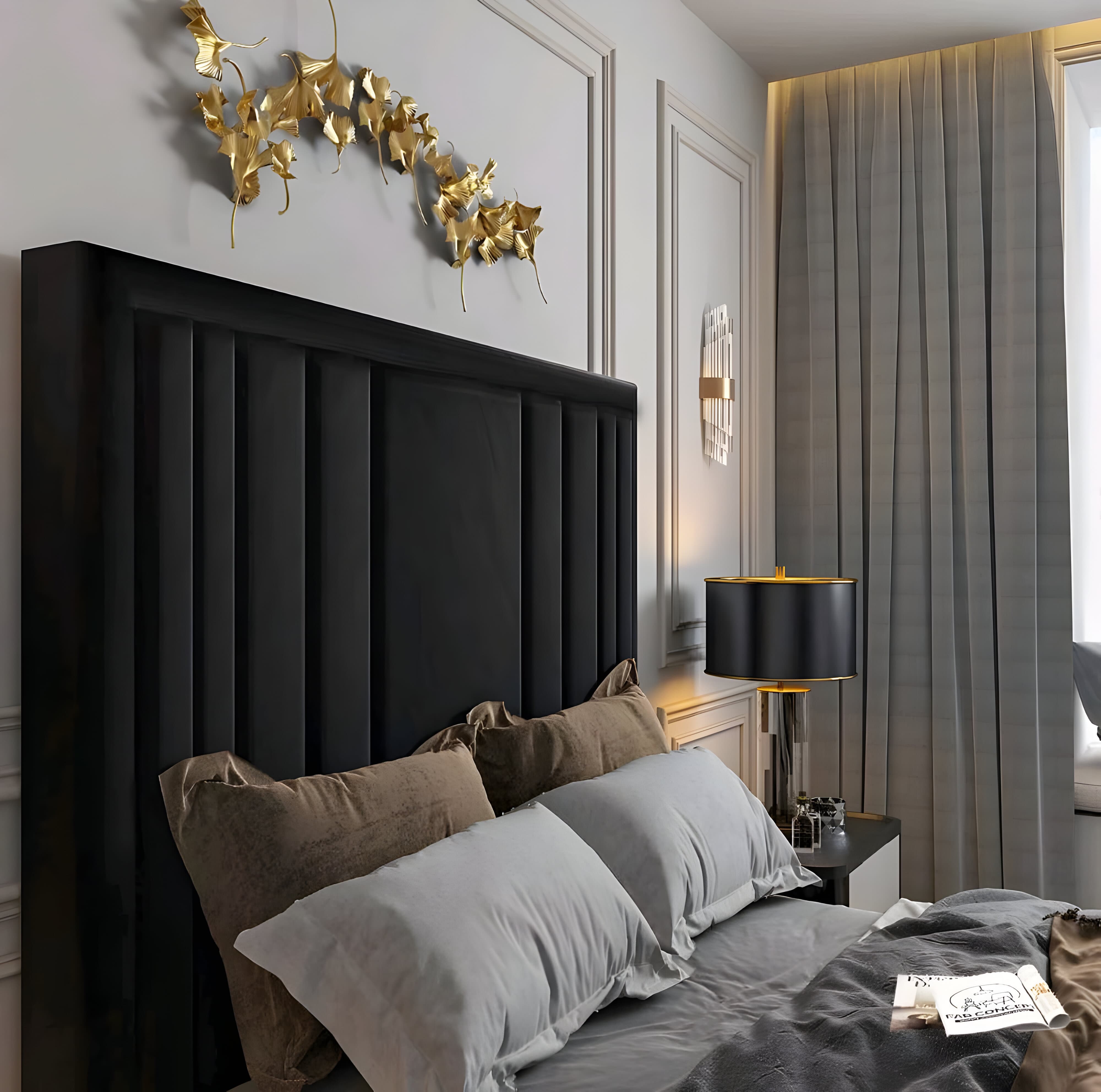 Stylish bedroom with black single bed, gray pillows, and gold leaf wall art.