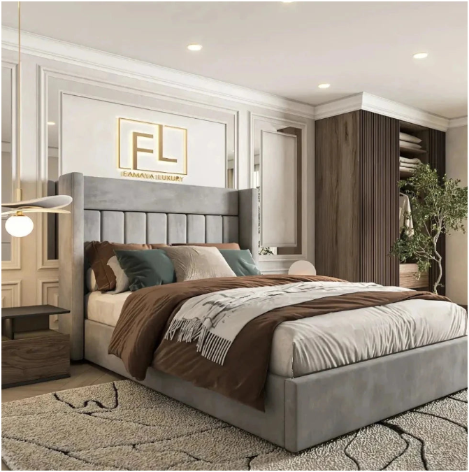 Modern bedroom with a plush cheap double bed with mattress and upholstered headboard,  and lighting.