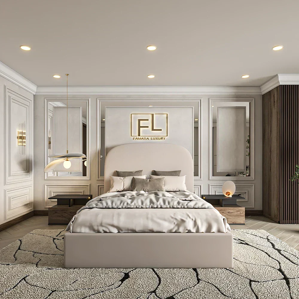 The image features a modern, luxurious bedroom centered around cream ottoman bed with an arched headboard upholstered in white. 