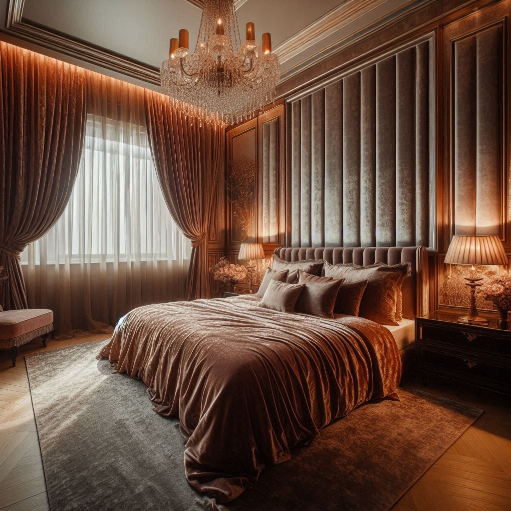 The image depicts a bedroom featuring a bed and a chandelier. It is designed with crushed velvet material, showcasing an elegant and luxurious interior design.