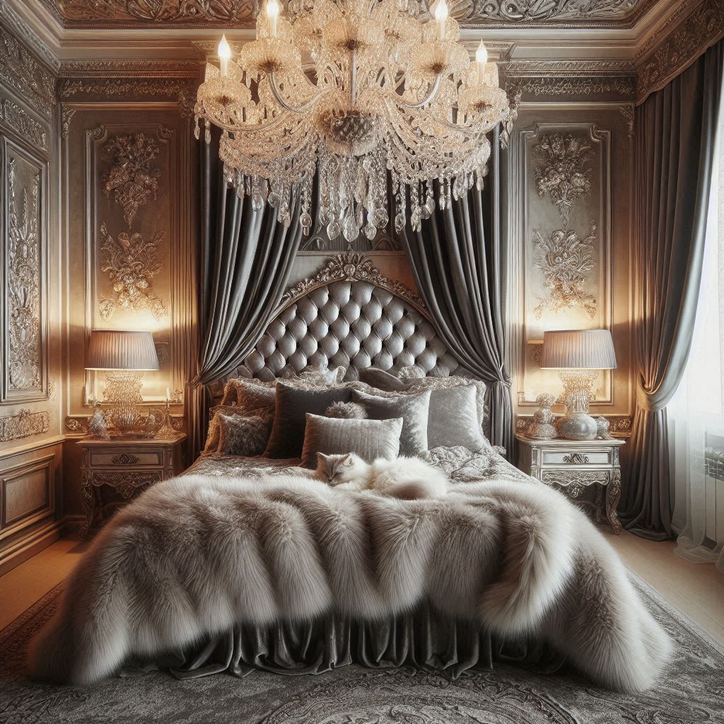 Luxurious bedroom with a chandelier, tufted bed, crushed velvet bed, and ornate decor.