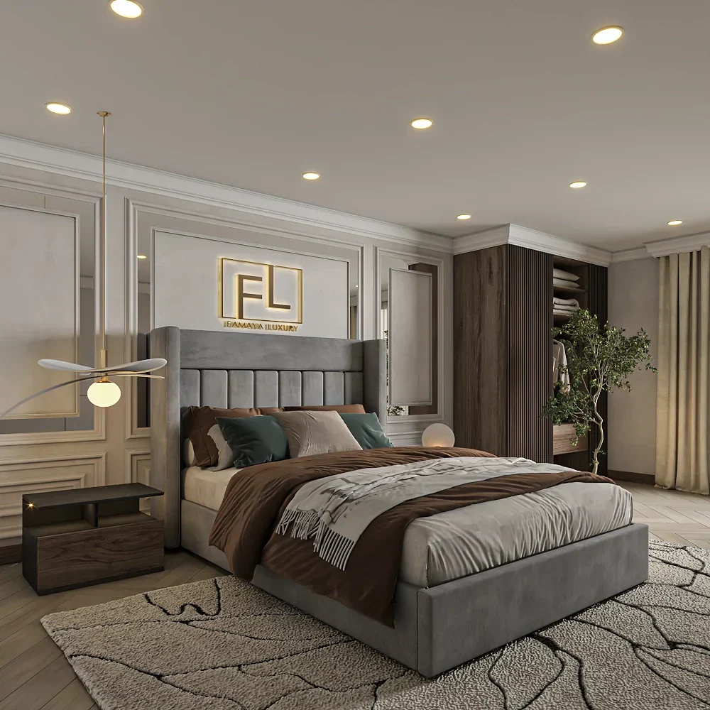 A luxurious bedroom with a Divan Bed with Storage , neutral bedding, "FL" logo, and plush carpet.