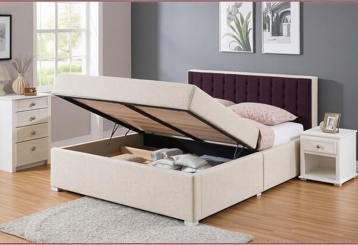 The image features a bed with a purple headboard in a bedroom setting. It also includes a nightstand, a chest of drawers, and a throw pillow. The style is described as Divan Ottoman Bed.