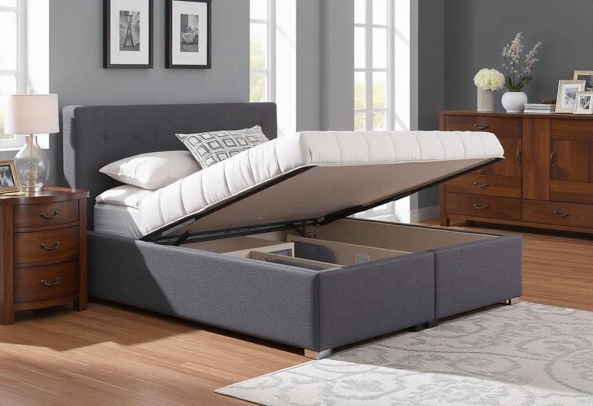 Gray divan ottoman bed with storage underneath in a modern bedroom.