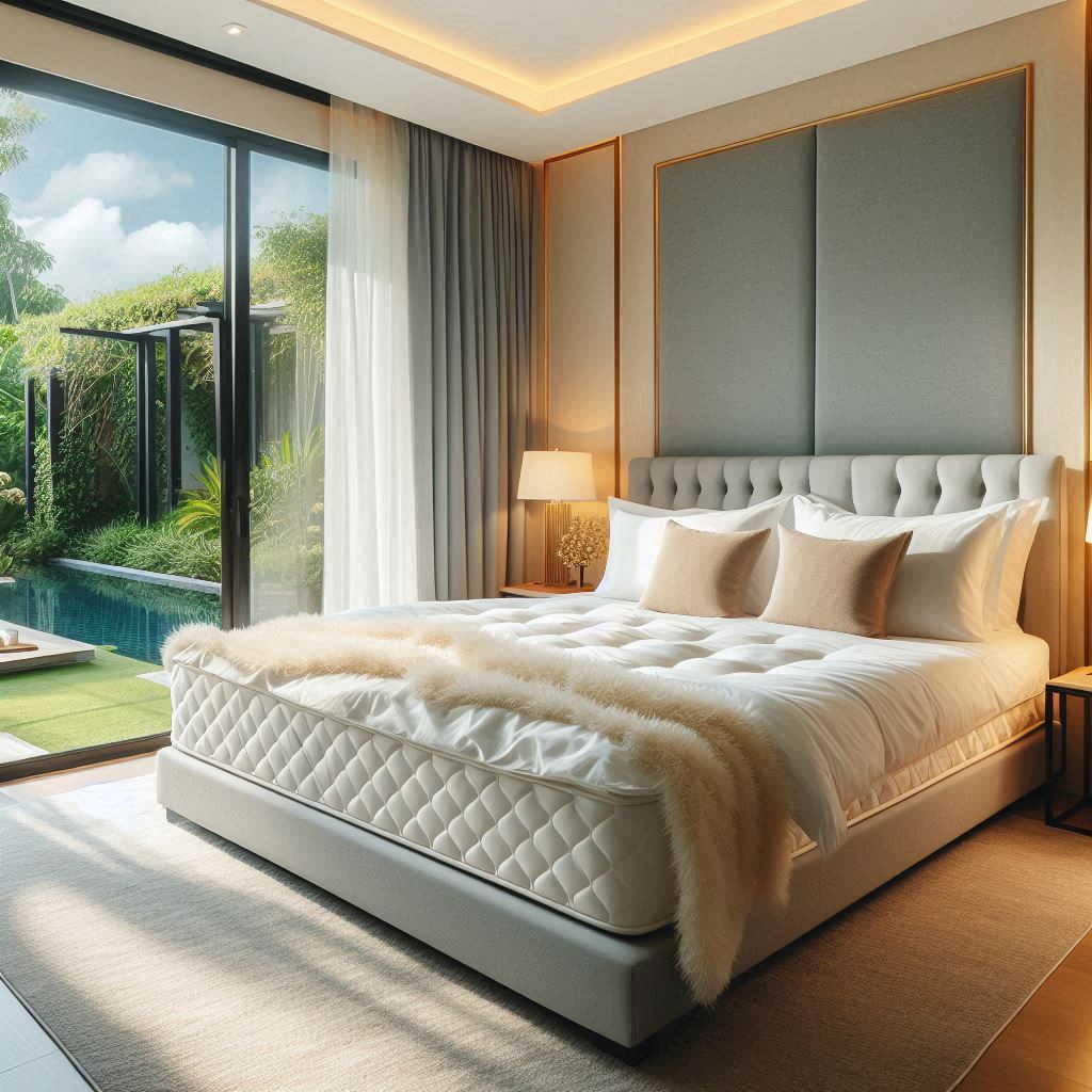 The image depicts a double bed in a room. It showcases elements such as pillows, bedding, mattress, cushions, and a window. The room appears to have a cozy and inviting atmosphere suitable for a bedroom.