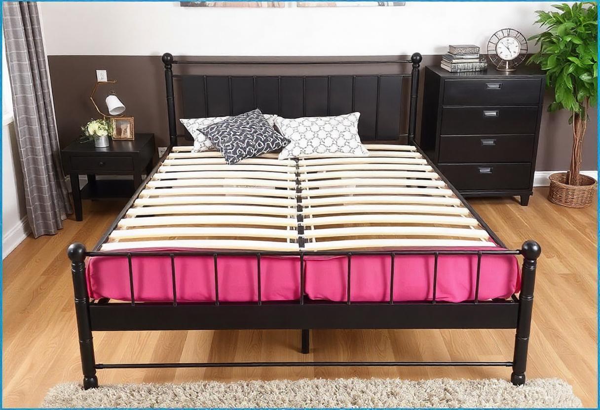 The image shows a bed with a red and white bedspread on a double bed frame. The room also contains a nightstand and a chest of drawers.