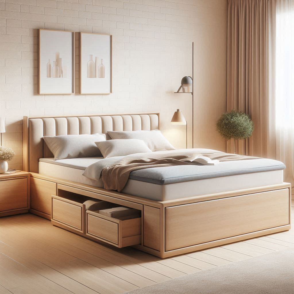 Double bed frame with storage drawers beneath.