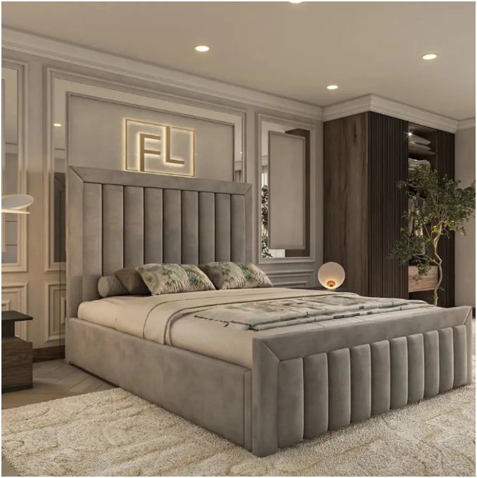 Modern bedroom with a double bed size upholstered bed, illuminated monogram, and neutral decor.