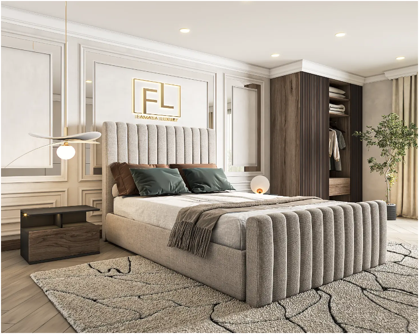 Modern bedroom with a double divan bed with mattress, upholstered in beige, green pillows, and a gray blanket.