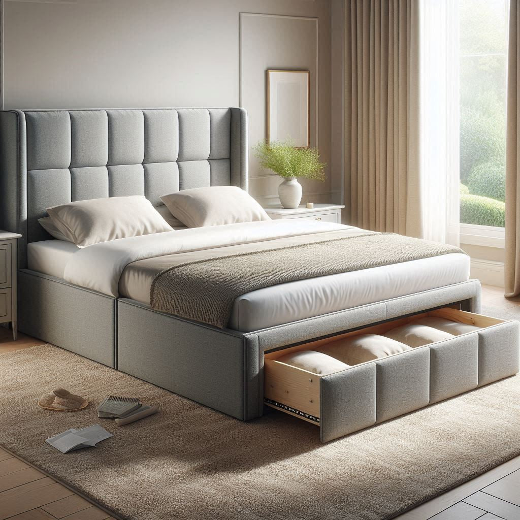 A double ottoman bed and mattress in a bright bedroom.