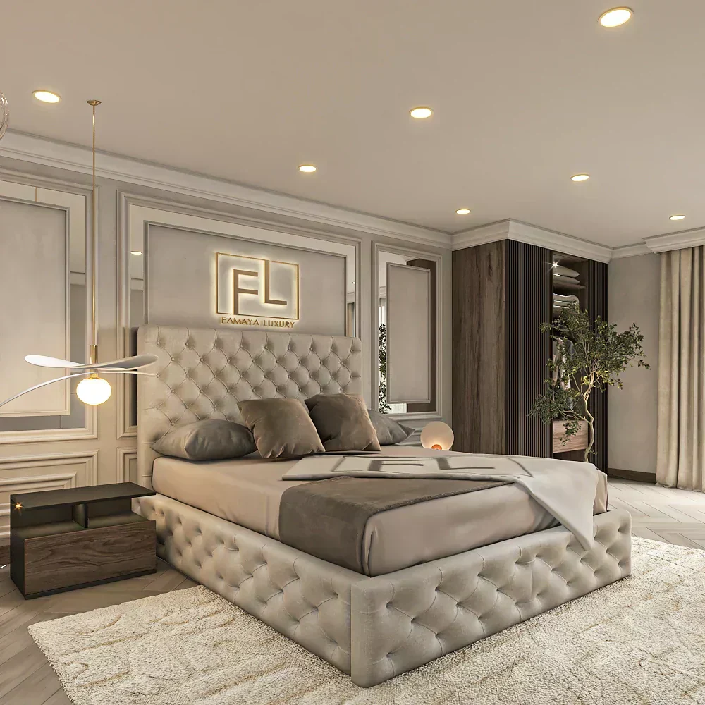 The image displays a luxurious bedroom featuring a plush, light grey double ottoman bed with Mattress. 