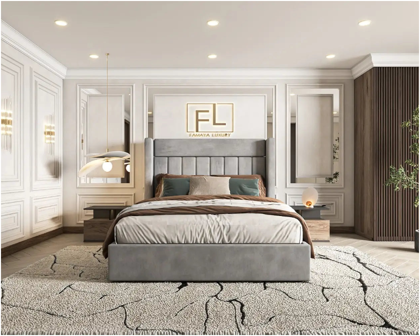 Luxurious bedroom with a double wooden bed  frame and padded headboard, surrounded by elegant decor.