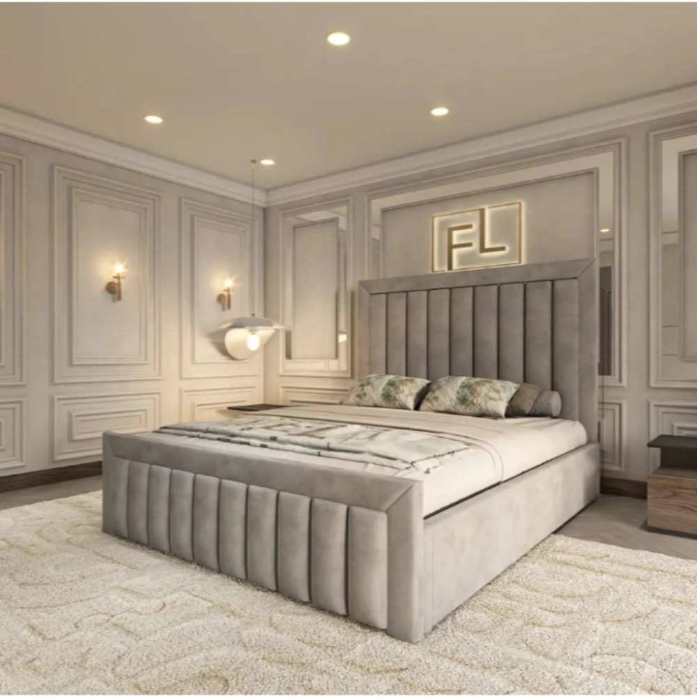 Double bed with storage drawers and a tufted headboard in a modern bedroom.