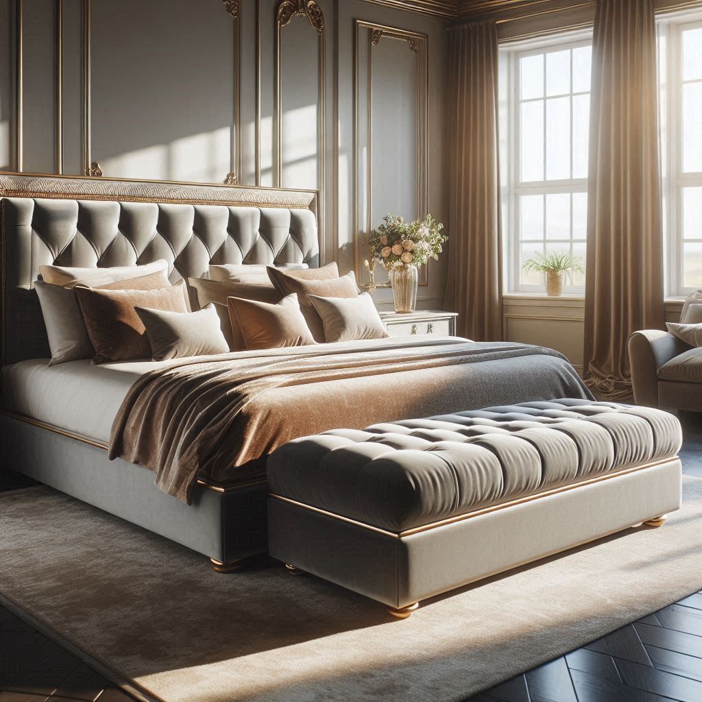 Luxurious bedroom with a tufted headboard and dream ottoman, and elegant decor.