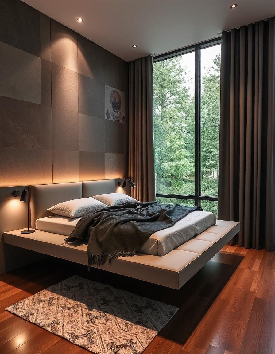 A cozy bedroom with a floating bed platform and a feature wall with a nature-inspired mural. The room is bathed in warm, natural lighting.