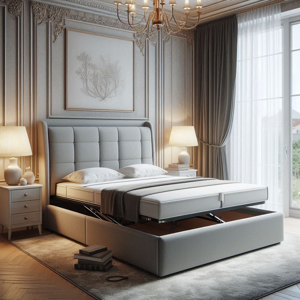 A grey ottoman bed with a tufted headboard and lift-up storage in an elegantly decorated bedroom.