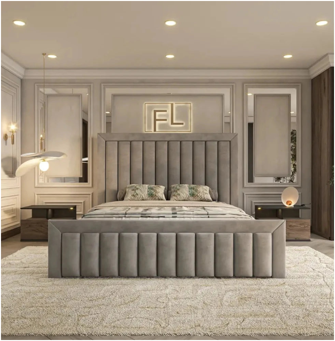 A luxurious bedroom with a king bed uk, tufted headboard, and matching furniture under ambient lighting.