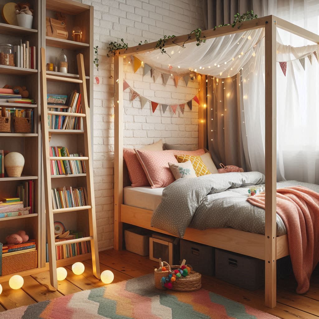 Children’s bedroom with a mid sleeper bed, canopy, and decorative lights.