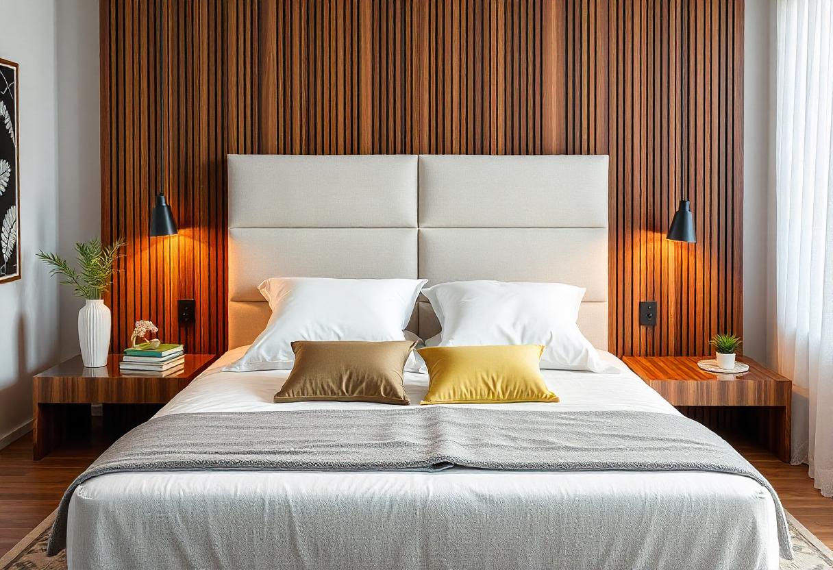 The image is a modern bed with pillows in a bedroom setting, featuring indoor elements like a wall, curtain, bedding, and furniture. The room appears to have a boutique hotel aesthetic with a lampshade and nightstand.