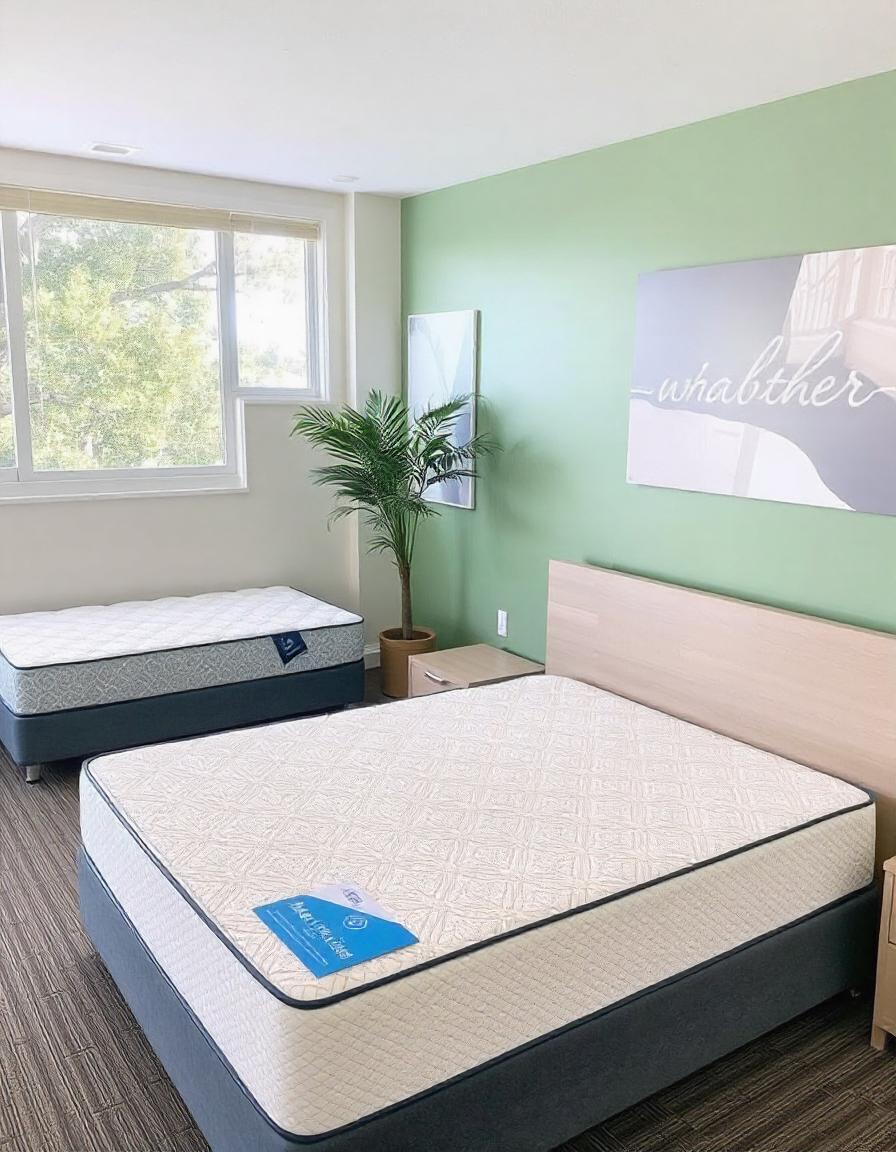 The image is of a room with two beds. The room features interior design elements such as pillows, bedding, cushions, linens, bed sheets, ortho mattresses, bed frames, furniture, a duvet cover, nightstands, and a window treatment.