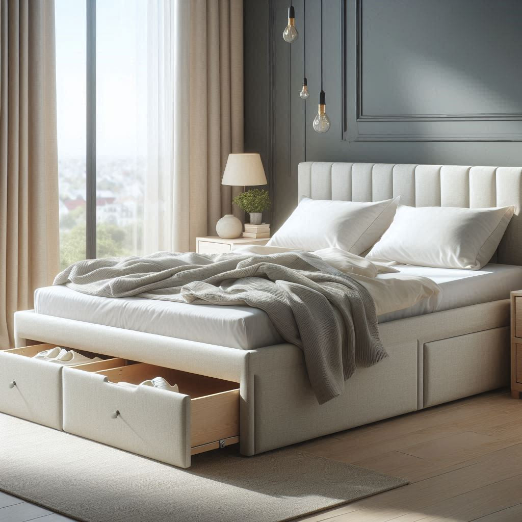 Modern bedroom with cream Ottoman bed frame, open drawers, white linens, and pendant lights.