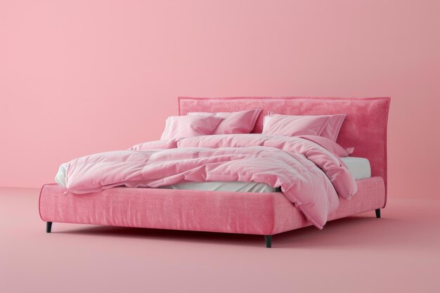 A pink single bed with pink pillows and a duvet against a pink background.