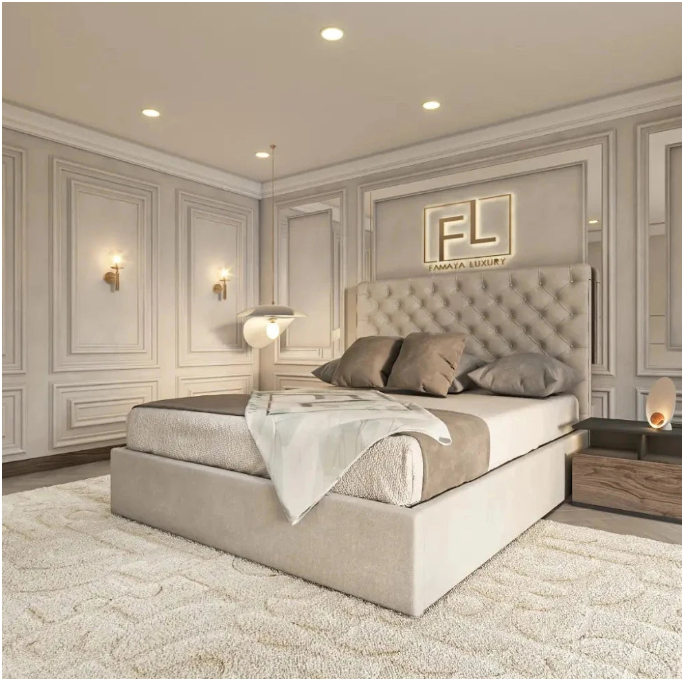 Luxurious bedroom with a large tufted queen of the bed and elegant decor.