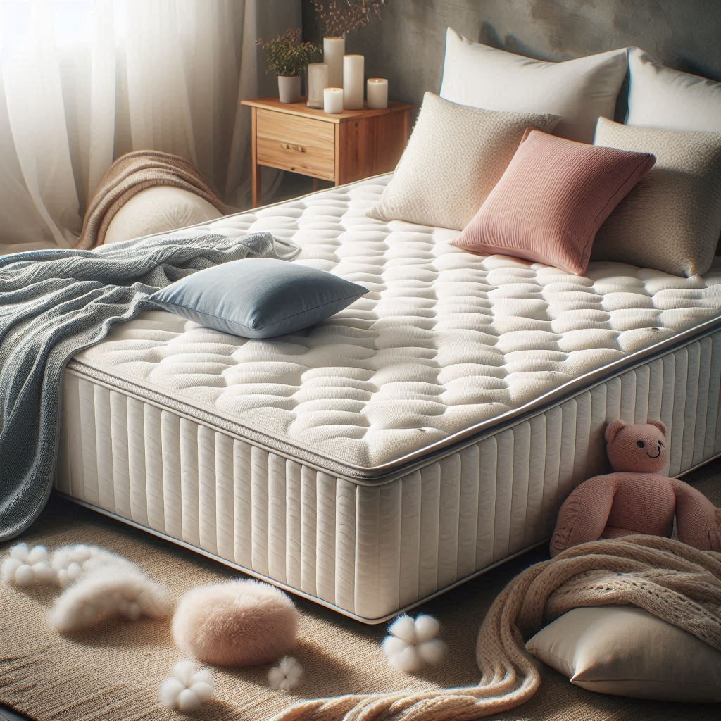 Single bed mattress with a quilted surface, cushions, and a blanket, in a cozy, well-lit bedroom setting.