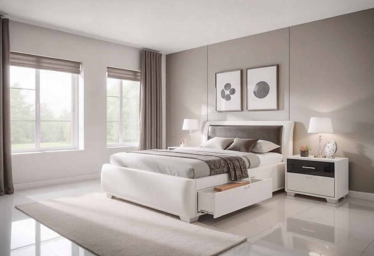 The image is of a bedroom featuring a bed and a bench. It includes indoor elements like a bed frame, pillow, cushion, bedding, mattress, nightstand, and window treatment. The room has a white color bed seems to be a single bed with storage.