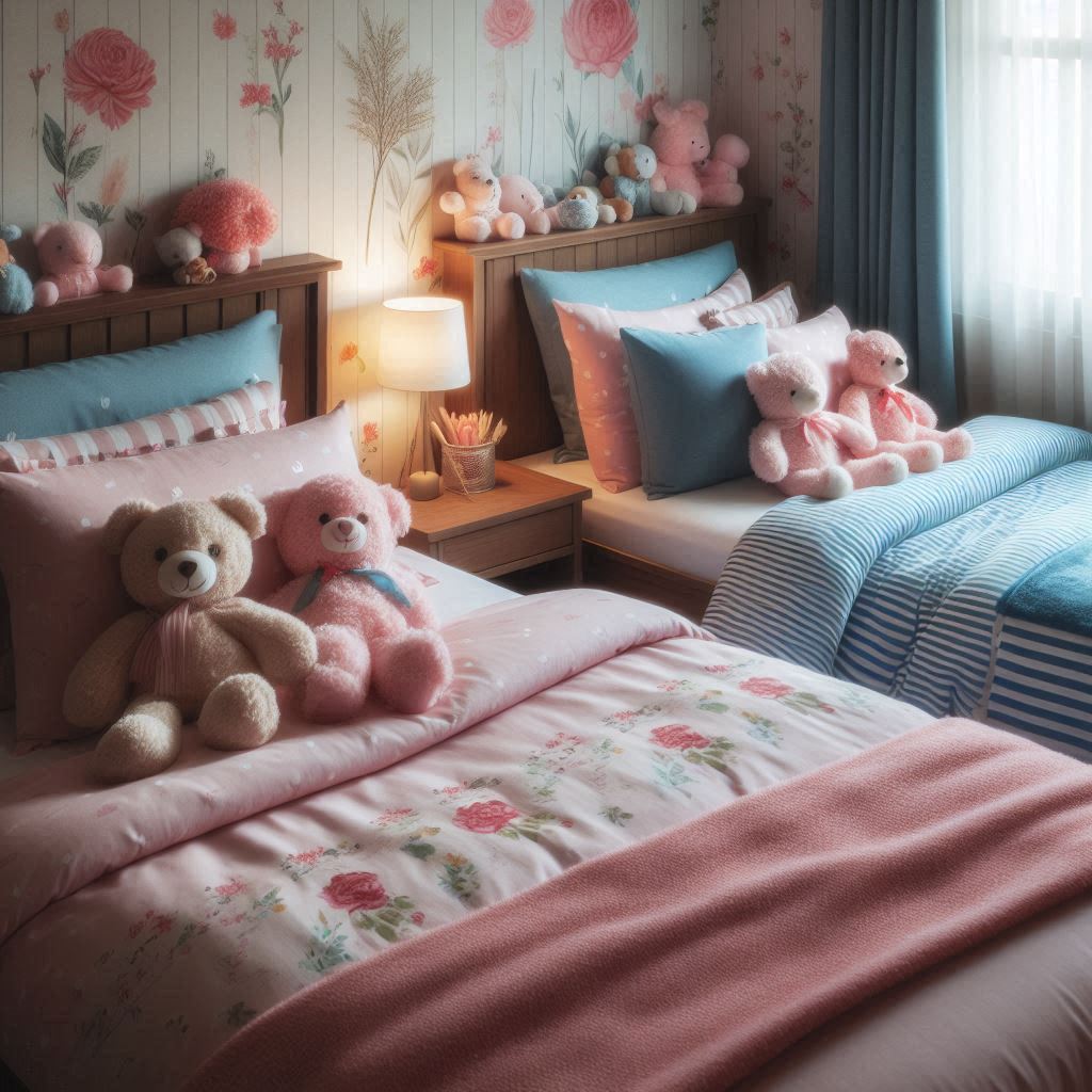 The image shows a bed with stuffed animals on it. It is a single bed in a bedroom, with various linens and bedding items like cushions, duvet covers, and throw pillows. The room also features a nightstand, lampshade, curtain, and toys.