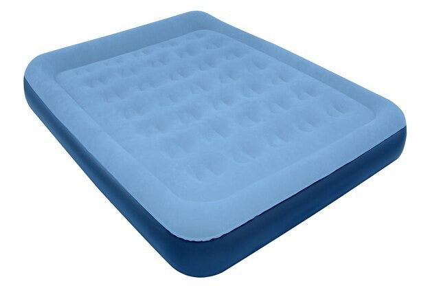 Single blow up mattress with a light blue top and dark blue sides.