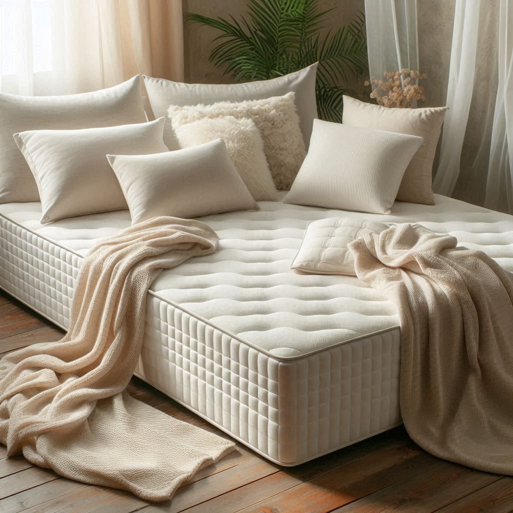 Single Memory foam mattress with pillows and a beige blanket on a wooden floor.