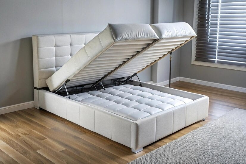 Single Ottoman bed with a side lift mechanism revealing storage underneath.