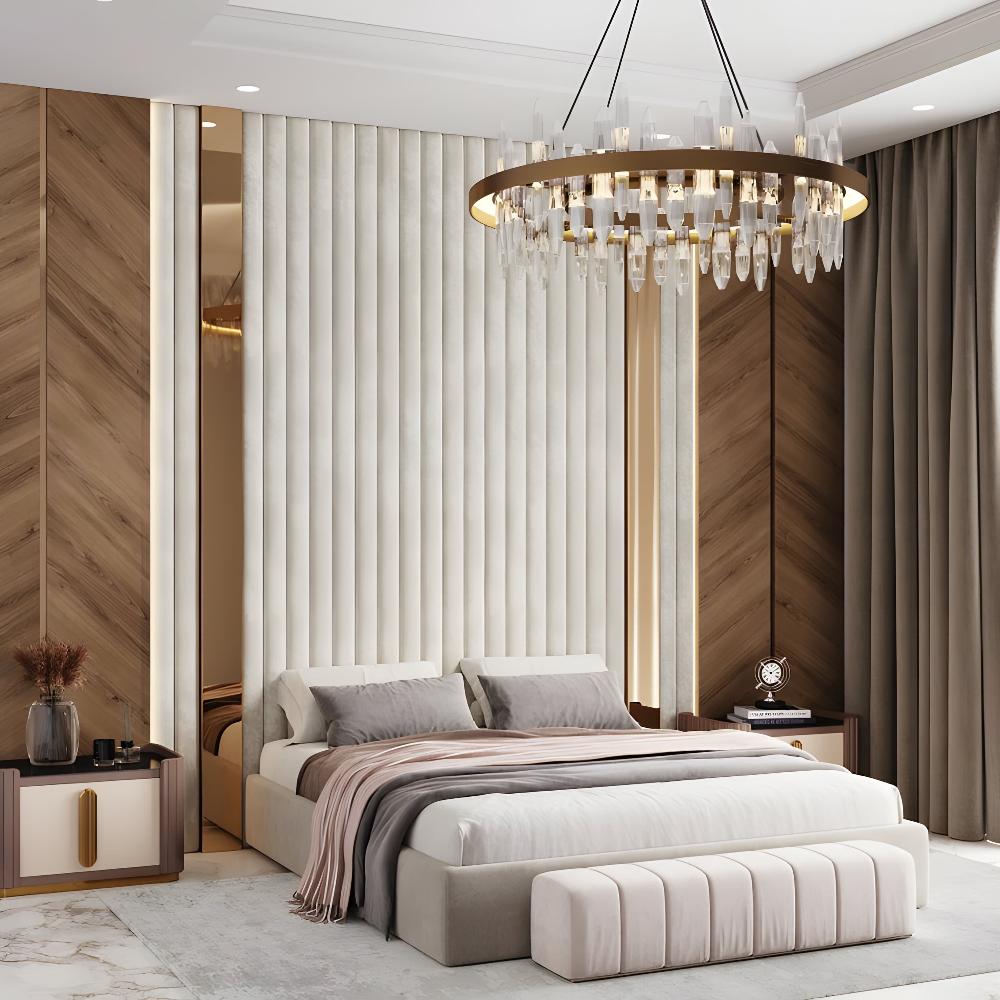 Modern small Double Headboard bedroom with upholstered bed, cream and wood paneled wall, and crystal chandelier.