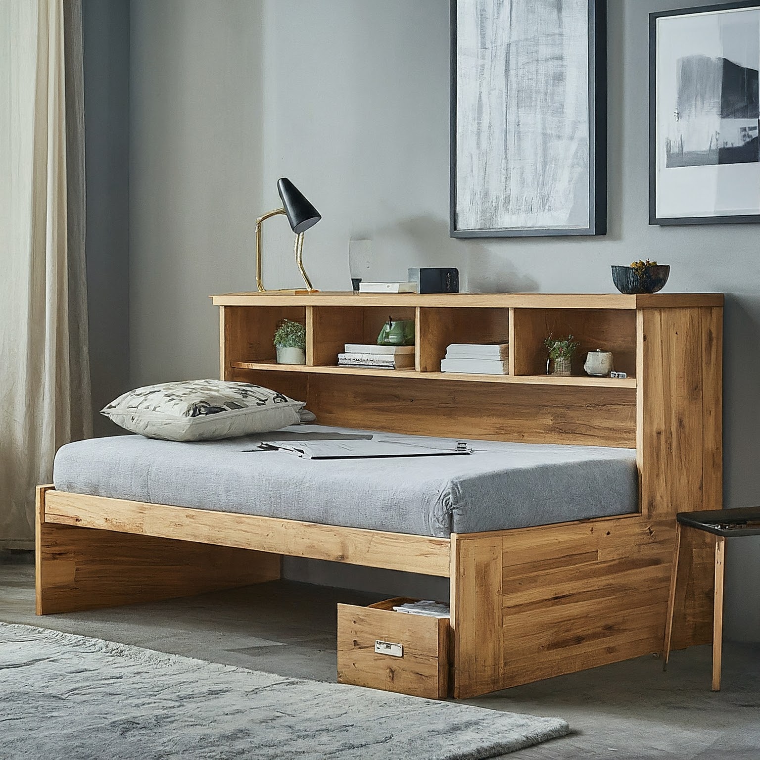 Perfect space saving small beds with storage compartments and head board for small apartments.