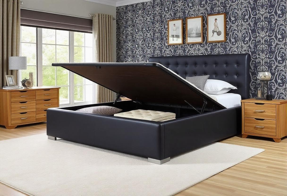 The image features a bed with a black headboard in a room. The room includes a drawer, chest of drawers, nightstand, window, and hardwood flooring. The bed is a Super King Ottoman Bed.